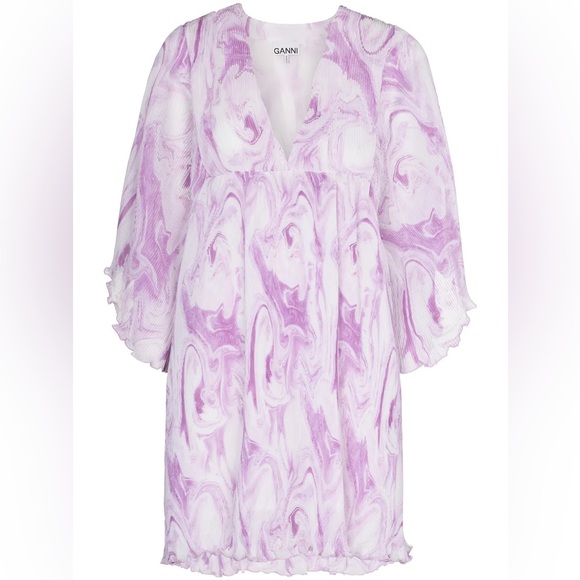 Ganni Orchid Bloom Pleated Georgette Oversized Mini Dress Designer XXS / XS - Picture 5 of 16